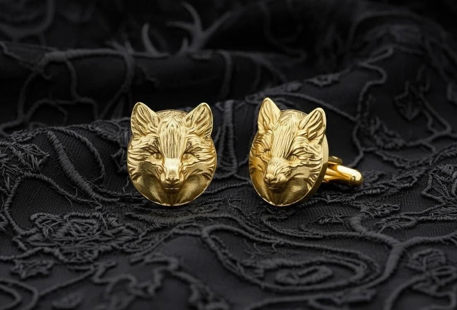 May include: A pair of silver fox head cufflinks. The cufflinks are round and feature a detailed fox head design. (etsy image id: 7689621560)