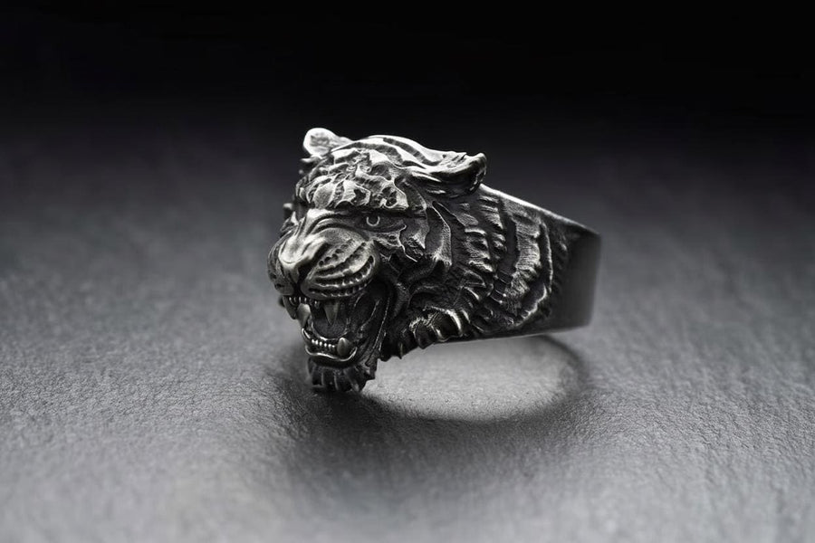 Sterling Silver Siberian Tiger Ring: Handmade Animal Jewelry