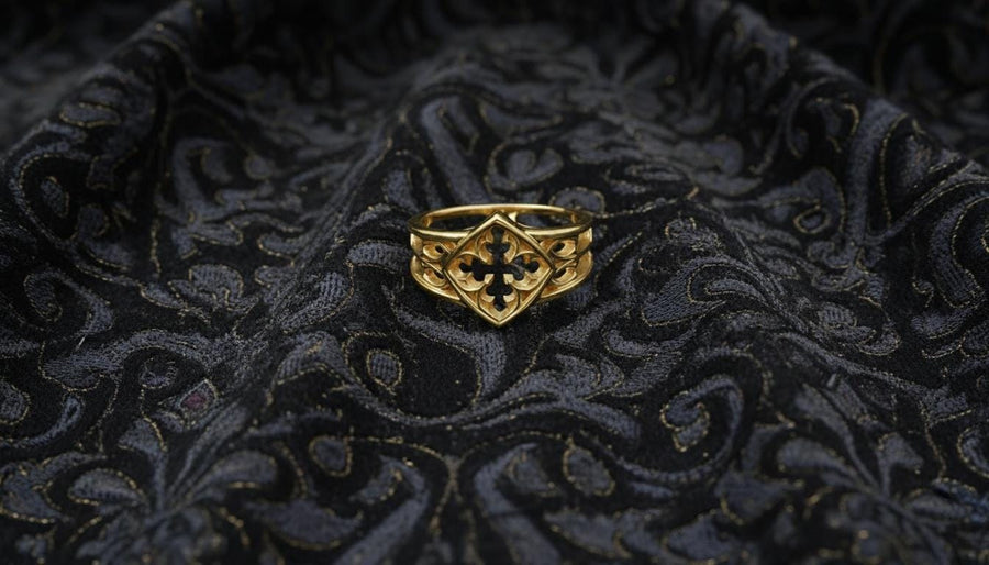 Detailed view of the ring's texture, showing the stippled, hammered finish inside the recessed arches. This "granulation" effect adds a raw, artisan quality to the piece, distinguishing it from mass-produced jewelry. The 925 sterling silver has been treated with sulfur to achieve a permanent dark patina in the low points, ensuring the architectural pattern remains visible even with daily wear. The metal looks solid and durable, suit (etsy image id: 6980758746)