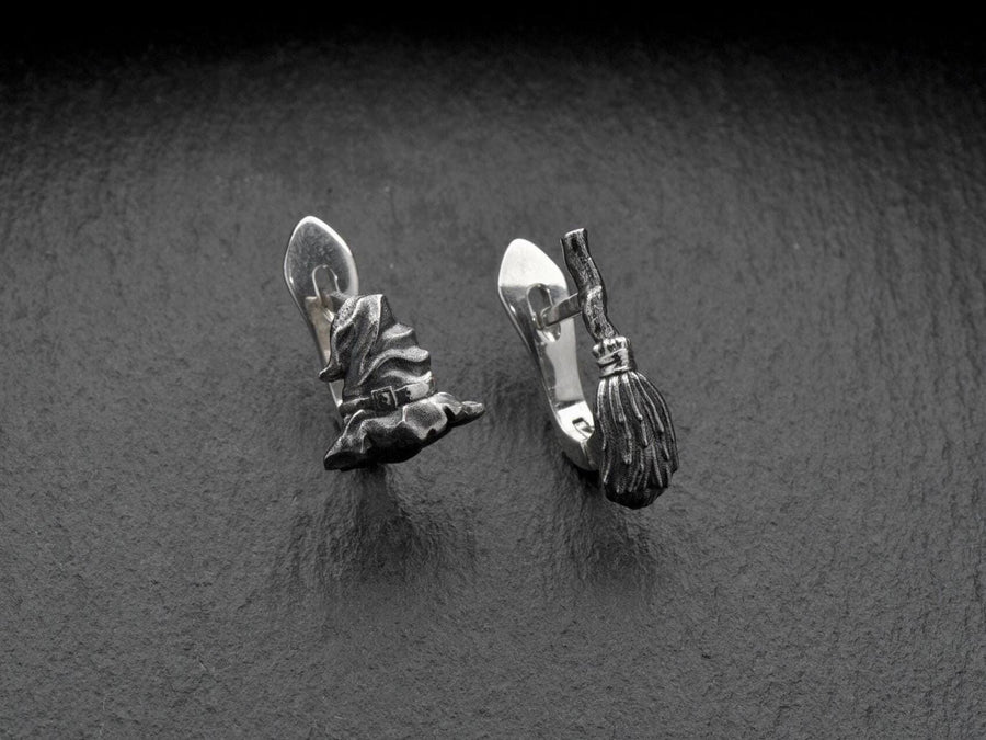 Sterling Silver Witch Earrings: Broom & Hat, Halloween Jewelry (etsy image id: 5483080132)