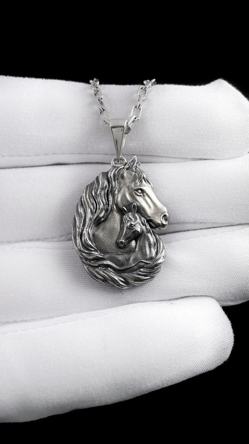Silver Pendant Horse and Foal, Horse Lovers Gift, Horse Head Necklace, Horse Pendant, Handmade Equestrian Jewelry, Animal Lovers Jewelry (etsy image id: 7305583221)