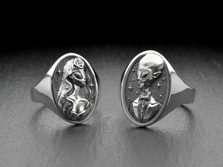 Sterling Silver Alien Wedding Rings Set, Unique Couples Jewelry, Cosmic Engagement Rings, Sci-Fi Lover Gift, Handmade Matching Rings