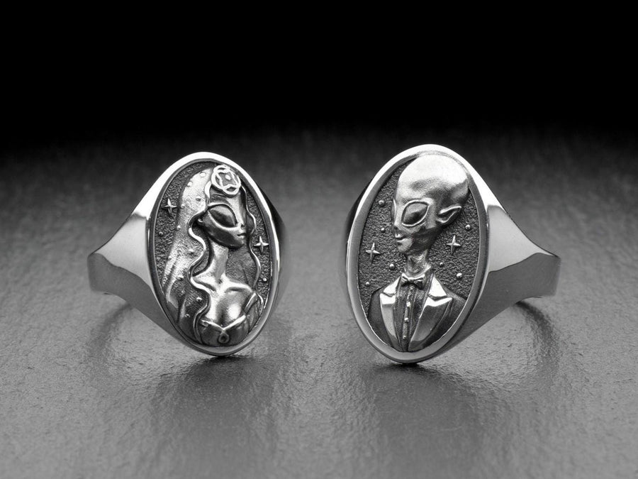 Sterling Silver Alien Wedding Rings Set, Unique Couples Jewelry, Cosmic Engagement Rings, Sci-Fi Lover Gift, Handmade Matching Rings