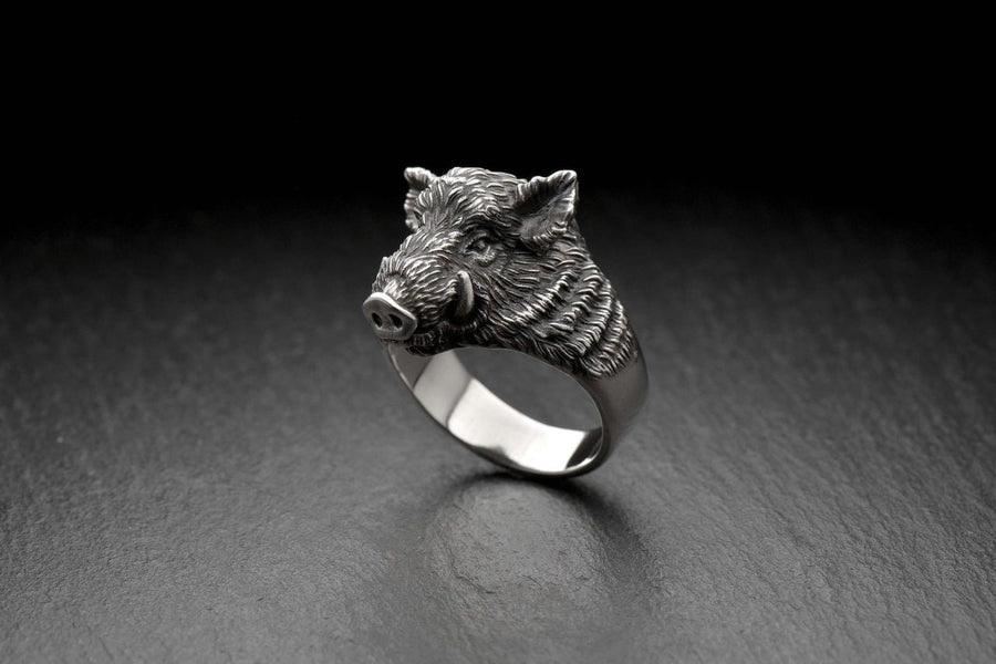 Sterling Silver Boar Head Ring: Handmade Animal Jewelry