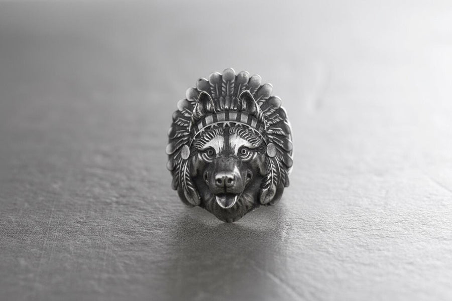 Sterling Silver Husky Chief Ring, Handmade Dog Totem Jewelry