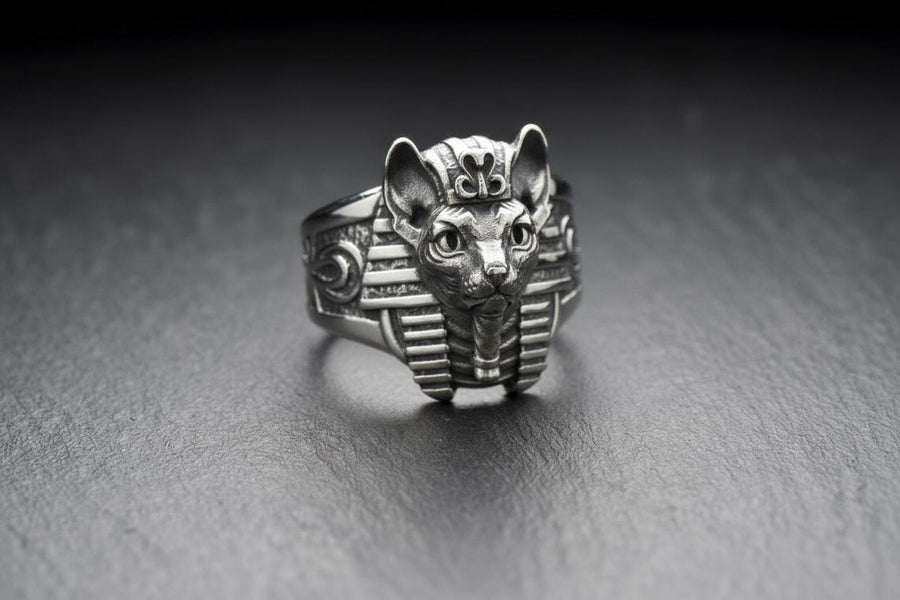 Cat Pharaoh Silver Ring – Egyptian Sphynx Cat Jewelry in Sterling Silver, Ancient Goddess Bastet Inspired Ring
