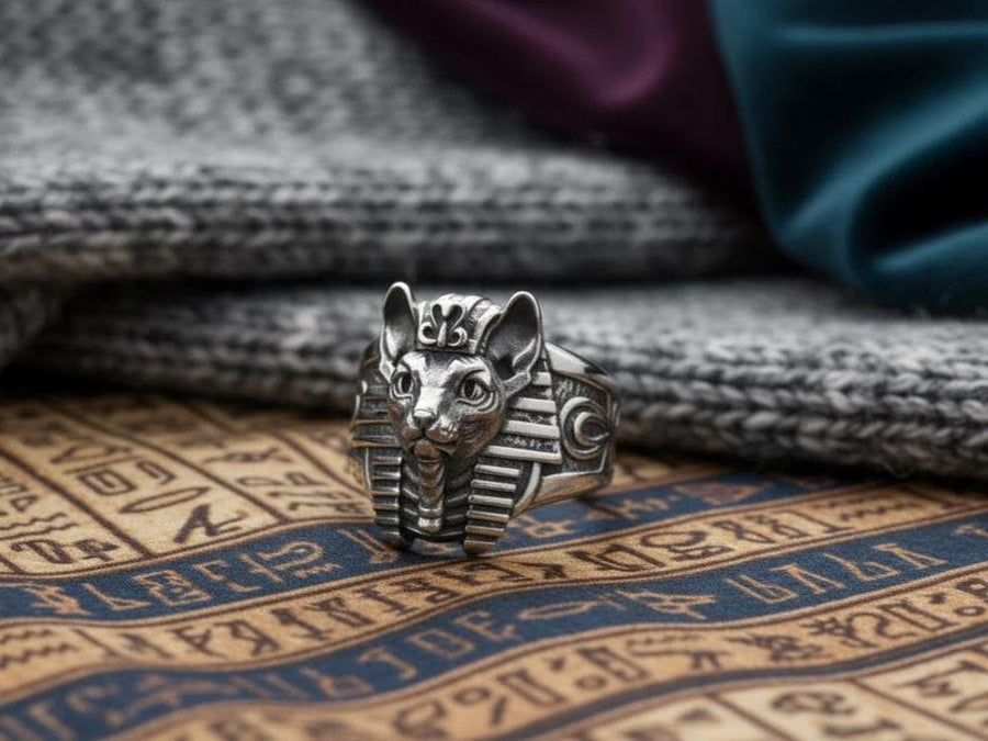 Cat Pharaoh Silver Ring – Egyptian Sphynx Cat Jewelry in Sterling Silver, Ancient Goddess Bastet Inspired Ring