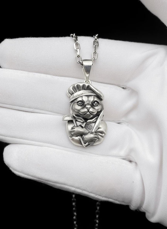 Sterling Silver Cat Chef Pendant – Avant Garde Whimsical Cook Cat Necklace