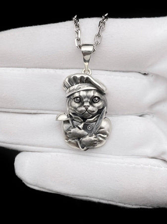 Sterling Silver Cat Chef Pendant – Avant Garde Whimsical Cook Cat Necklace