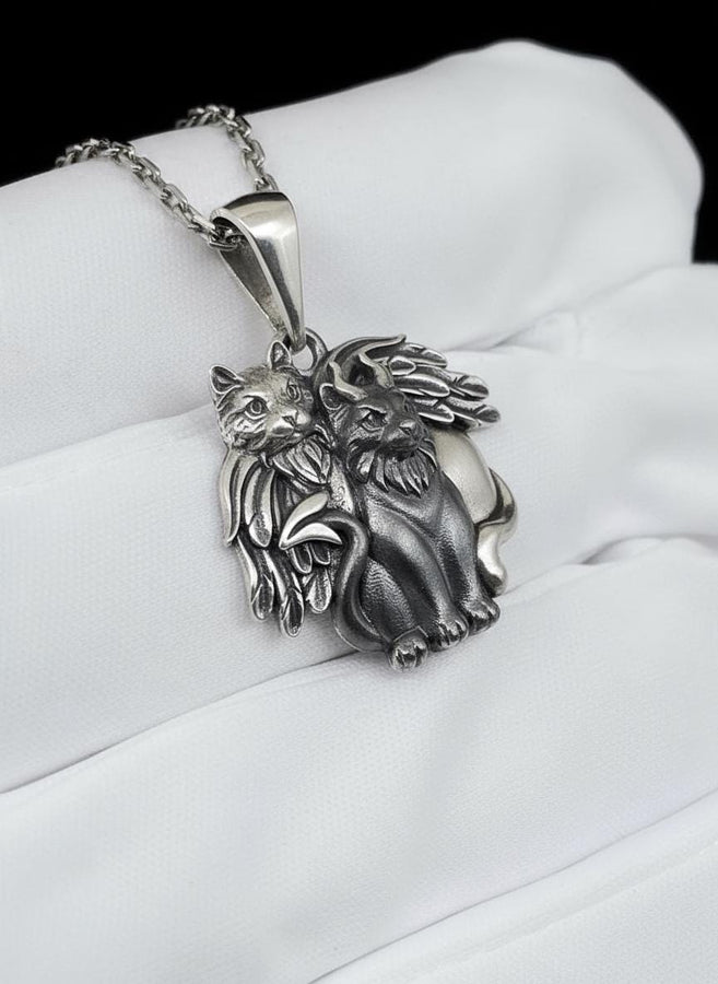 Angel Demon Cats Sterling Silver Pendant – Gothic Feline Duality Necklace Gift (etsy image id: 5608629355)