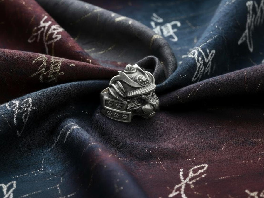 Samurai Cat Sterling Silver Ring – Feline Warrior Armor Jewelry (etsy image id: 7211206579)