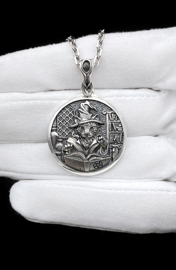 Sorcerer Cat Silver Pendant – Sterling Silver Wizard Cat Necklace | Mystic Occult Jewelry Gift for Him or Her (etsy image id: 7364624712)