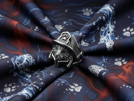 Firefighter Cat Silver Ring - Sterling Silver Hero Cat Ring, Unique Fireman Jewelry Gift for Him or Her
