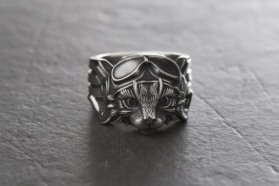 Aviator Cat Sterling Silver Ring – Steampunk Animal Jewelry