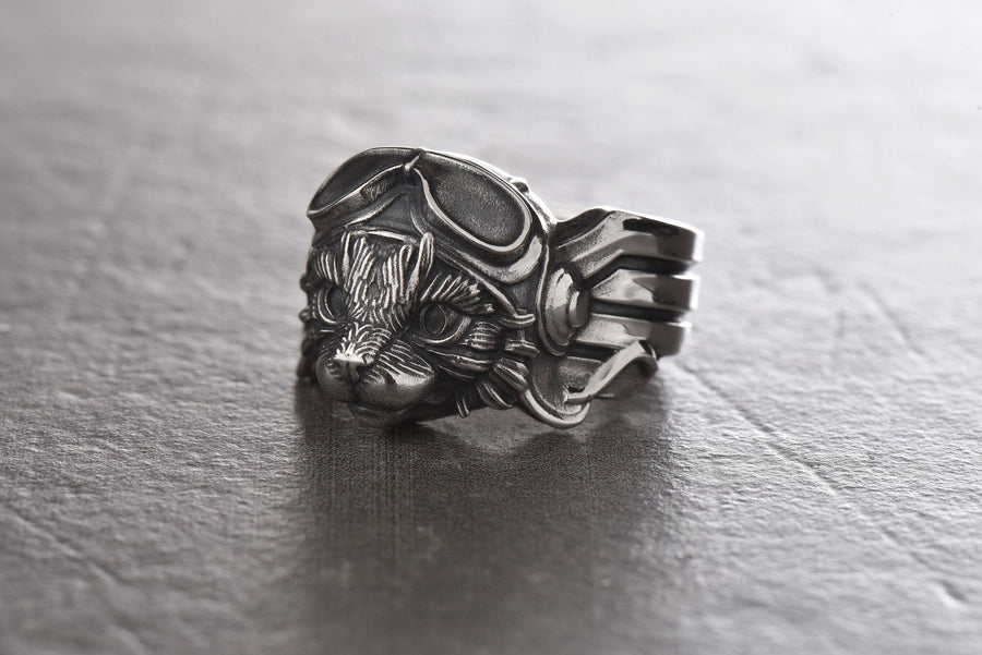 Aviator Cat Sterling Silver Ring – Steampunk Animal Jewelry