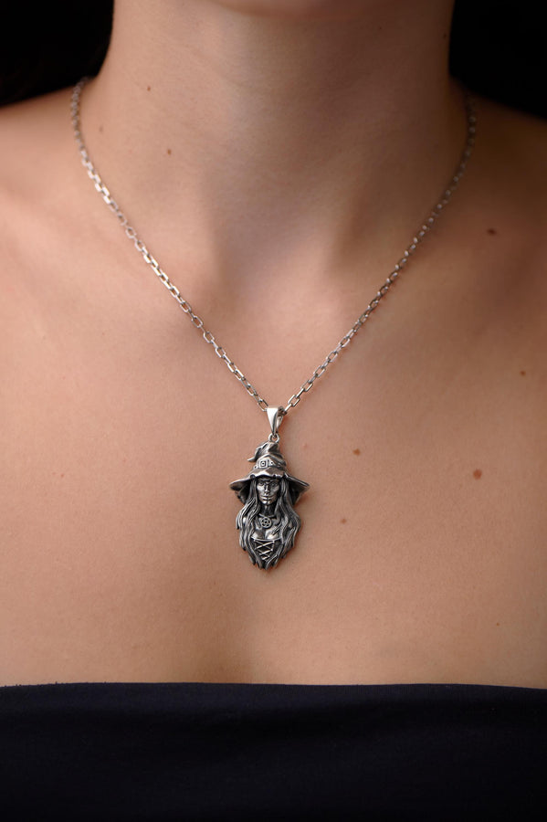 Sterling Silver Witch Pendant Necklace: Gothic Wiccan Jewelry