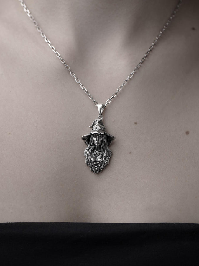 Sterling Silver Witch Pendant Necklace: Gothic Wiccan Jewelry