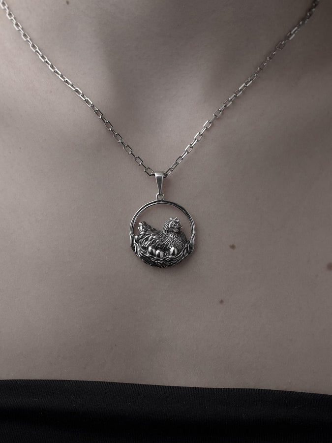 Sterling Silver Chicken Pendant Necklace: Hen and Eggs, Farm Animal Jewelry (etsy image id: 7000289398)