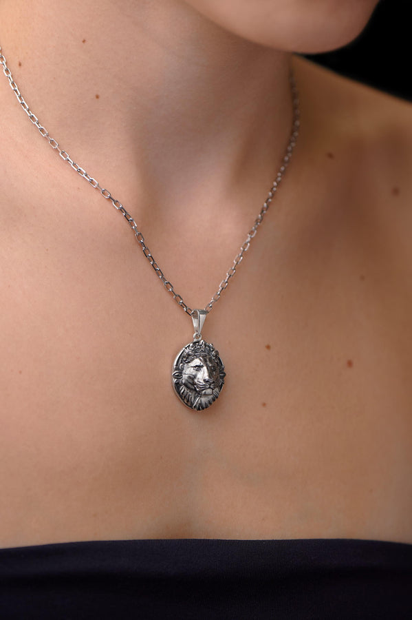 Sterling Silver Lioness Head Pendant: Handmade Wild Cat Necklace
