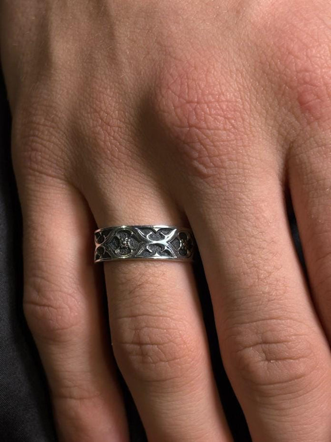 Gothic Sterling Silver Wedding Ring Set: Floral Gemstone Rosettes