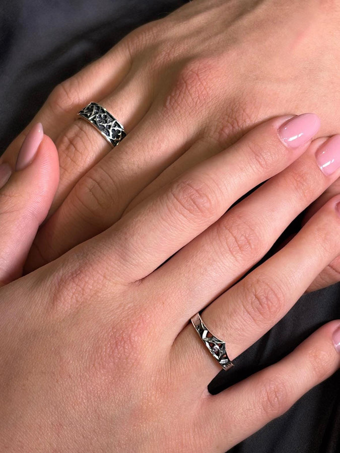 Gothic Sterling Silver Wedding Ring Set: Black Texture, Gemstone Accent __etsy:7424901857