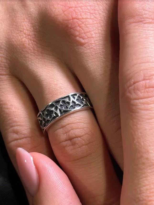 Gothic Sterling Silver Wedding Ring Set: Black Texture, Gemstone Accent __etsy:7424901857