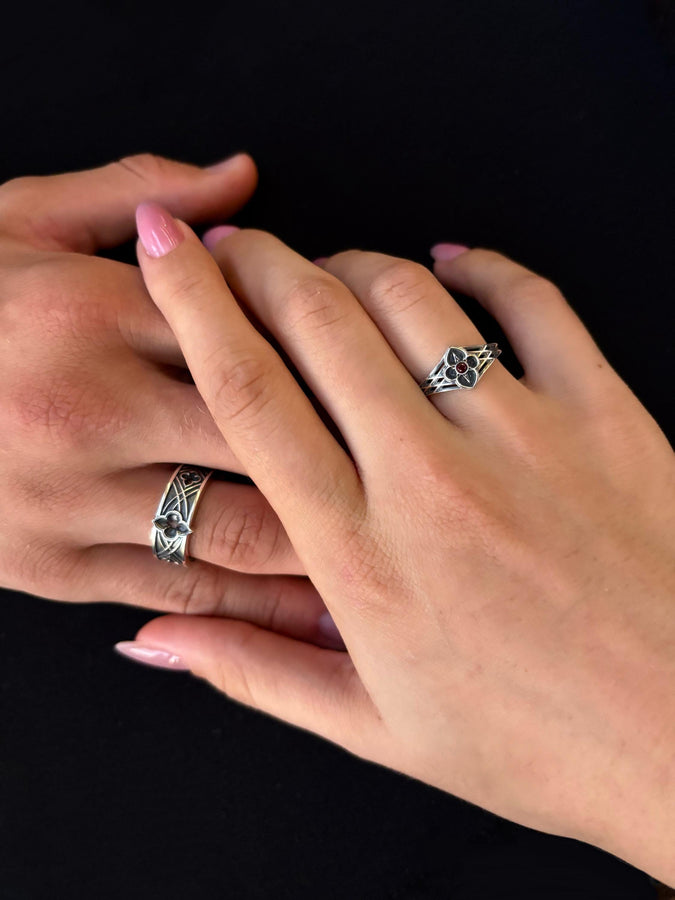 Gothic Interlace Wedding Rings in Sterling Silver – Sacred Knotwork Matching Bands with Rosette and Gemstone Detail