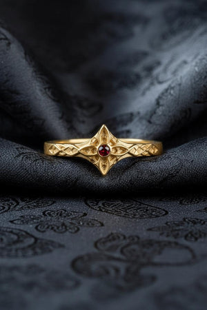 Gothic Engagement Silver Ring – Sterling Silver Ornate Cross Design with Deep Red Gemstone | Romantic Handcrafted Gothic Promise Ring (etsy image id: 7375927374)