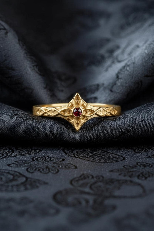 Gothic Engagement Silver Ring – Sterling Silver Ornate Cross Design with Deep Red Gemstone | Romantic Handcrafted Gothic Promise Ring (etsy image id: 7419998013)