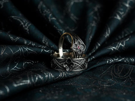 Gothic Interlace Wedding Rings in Sterling Silver – Sacred Knotwork Matching Bands with Rosette and Gemstone Detail