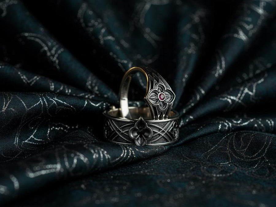 Gothic Interlace Wedding Rings in Sterling Silver – Sacred Knotwork Matching Bands with Rosette and Gemstone Detail