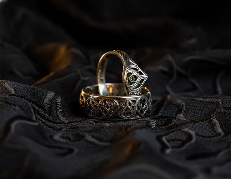 Gothic Flame Wedding Ring Set: Sterling Silver Black Gemstone Crown