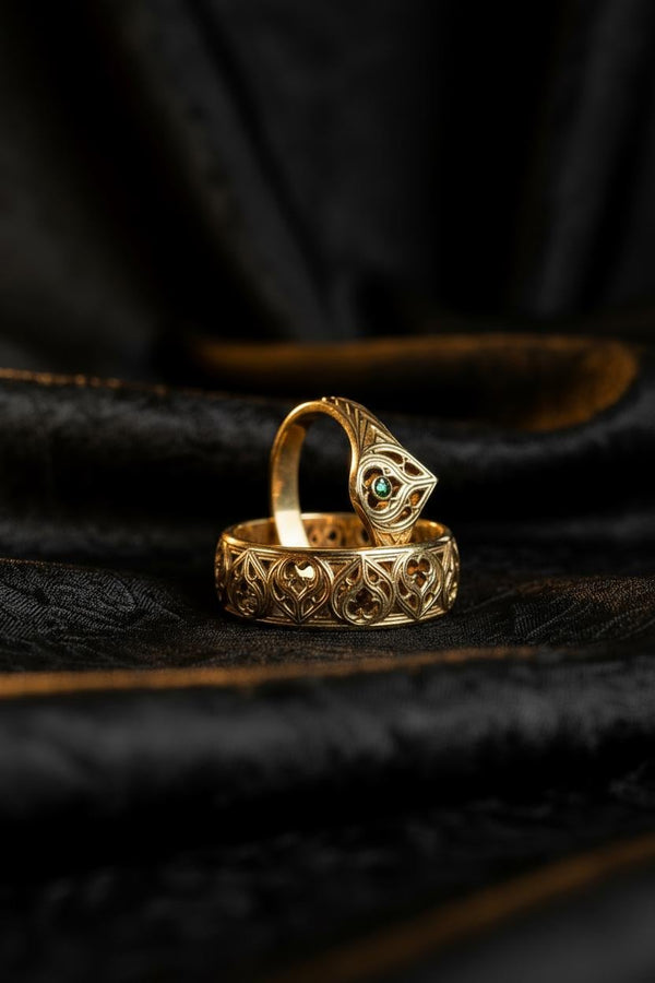 Gothic Flame Wedding Ring Set: Sterling Silver Black Gemstone Crown