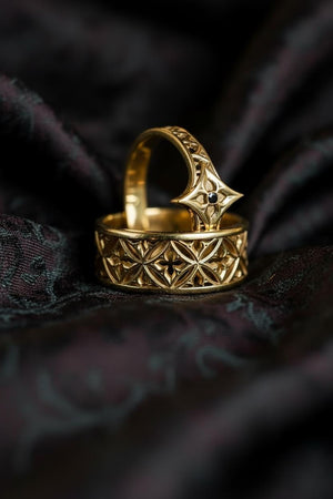 Gothic Sterling Silver Wedding Ring Set: Cathedral Medieval Jewelry