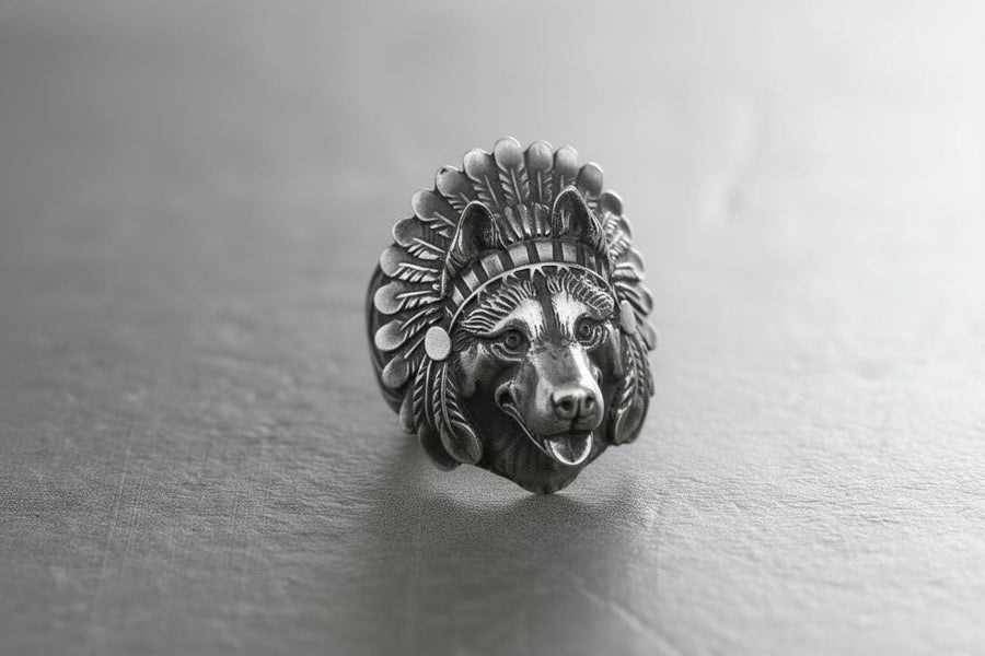 Sterling Silver Husky Chief Ring, Handmade Dog Totem Jewelry