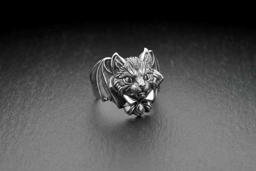 Sterling Silver Vampire Cat Ring: Handmade Animal Jewelry