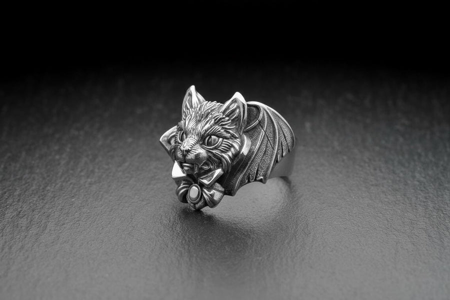 Sterling Silver Vampire Cat Ring: Handmade Animal Jewelry