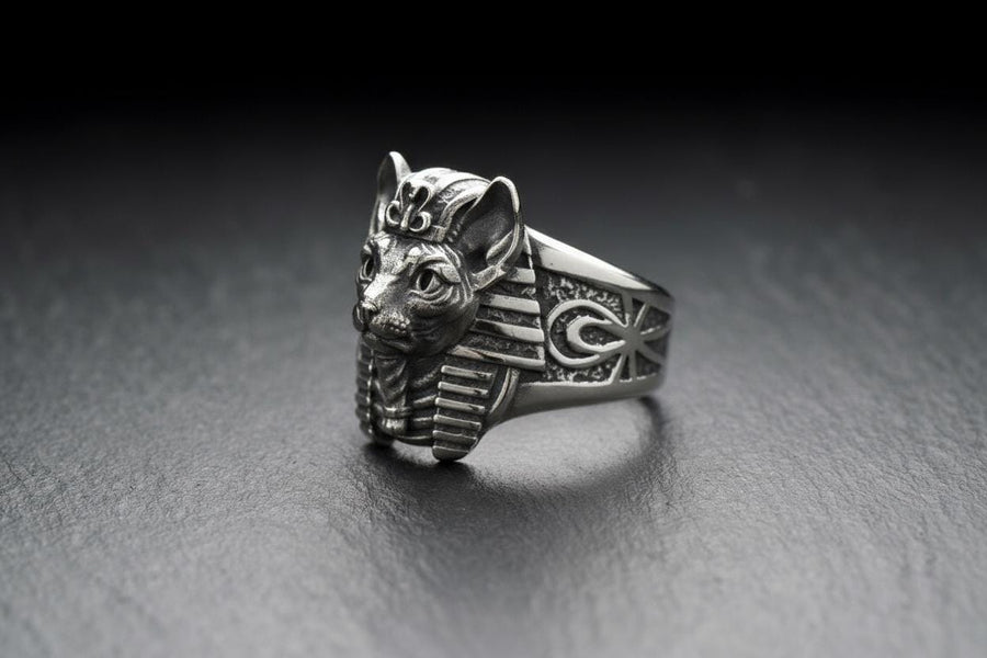Cat Pharaoh Silver Ring – Egyptian Sphynx Cat Jewelry in Sterling Silver, Ancient Goddess Bastet Inspired Ring