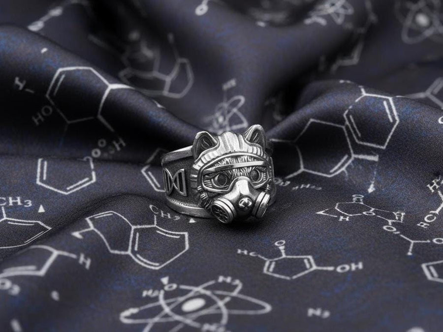 Sterling Silver Chemist Cat Ring, Science Jewelry