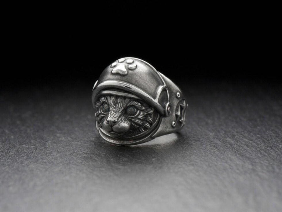 Sterling Silver Astronaut Cat Ring: Handmade Space Jewelry