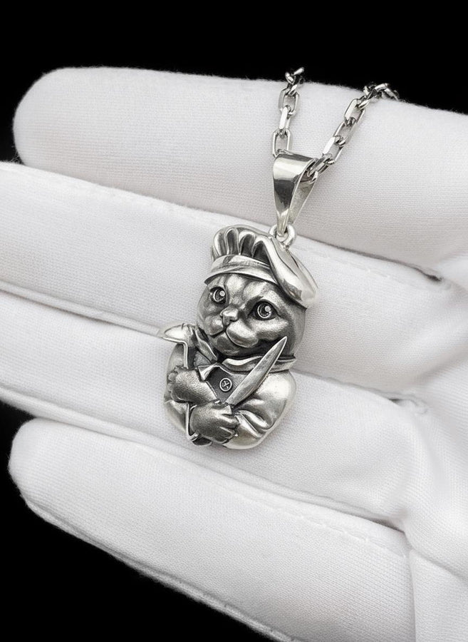 Sterling Silver Cat Chef Pendant – Avant Garde Whimsical Cook Cat Necklace