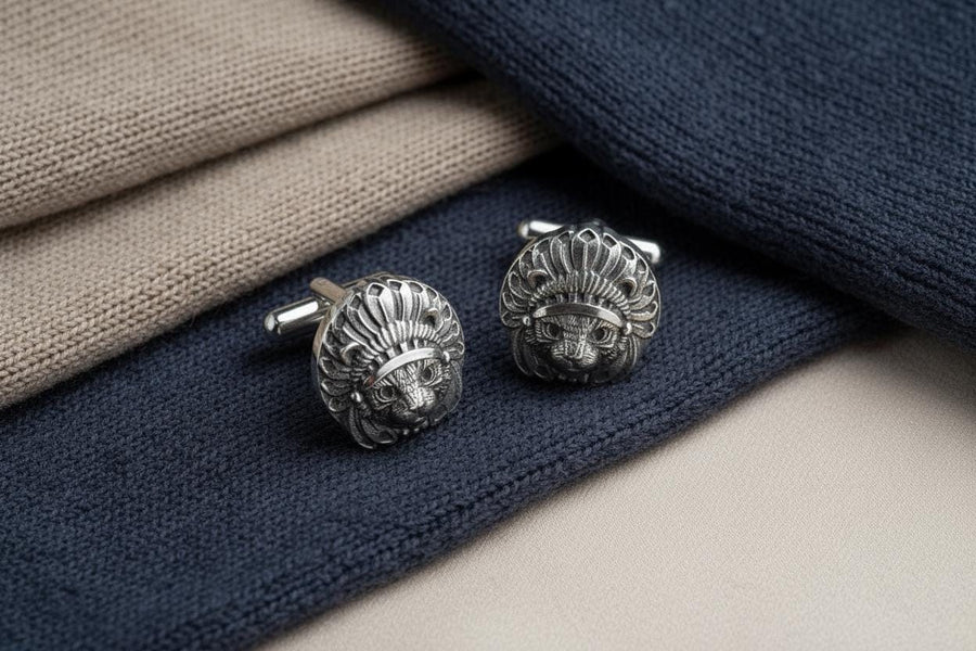 Cat Chief Silver Cufflinks – Sterling Silver Feline Headdress Cufflinks | Bold Tribal Style Gift for Cat Lovers (etsy image id: 7412189367)