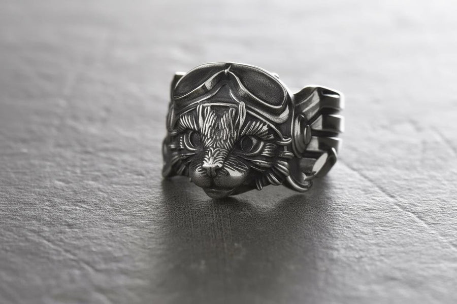 Aviator Cat Sterling Silver Ring – Steampunk Animal Jewelry