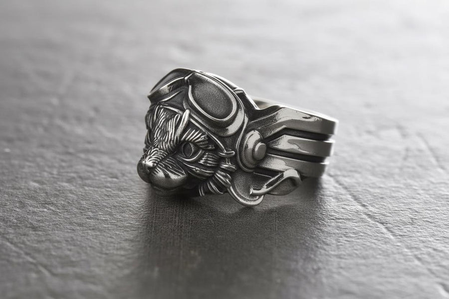 Aviator Cat Sterling Silver Ring – Steampunk Animal Jewelry