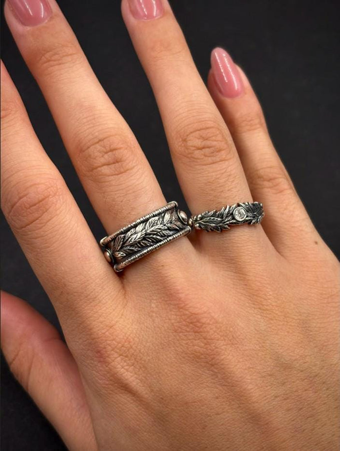Gothic Sterling Silver Wedding Ring Set: Black Texture, Gemstone Accent __etsy:7424901857