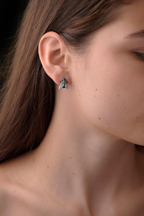 Oxidized Sterling Silver Fly Earrings: Halloween Insect Jewelry (etsy image id: 7529515780)