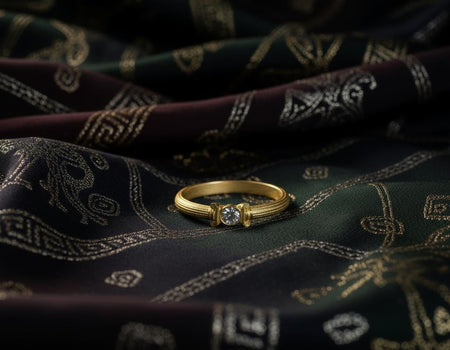 This golden version of the classical Victorian ring features architectural column engravings along a warm, polished band. The central gemstone shines brightly between small sculpted capitals, creating a rich contrast with the gold surface. Its historical elegance and luxurious tone make it perfect for engagements, heirloom gifts, or antique-inspired collections. (etsy image id: 7417898474)