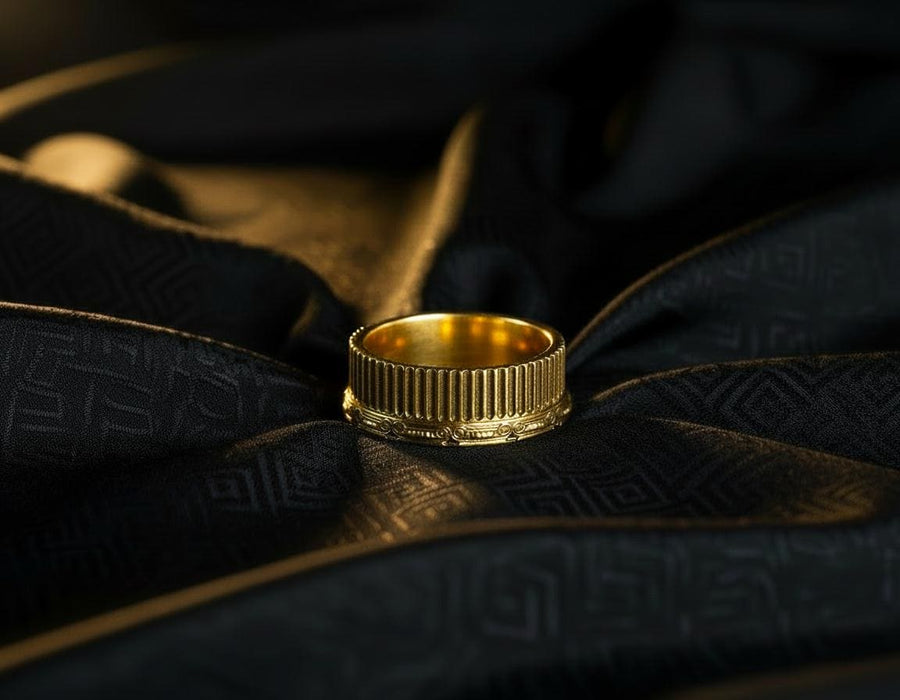 A polished sterling silver wedding band inspired by historical Greek architecture, featuring full-length vertical column lines and detailed Ionic scrollwork. The ring’s reflective interior contrasts with the textured exterior, emphasizing craftsmanship and depth. This Art Deco–style temple band is ideal for those who love structural jewelry rooted in ancient culture and timeless design. (etsy image id: 7193919287)