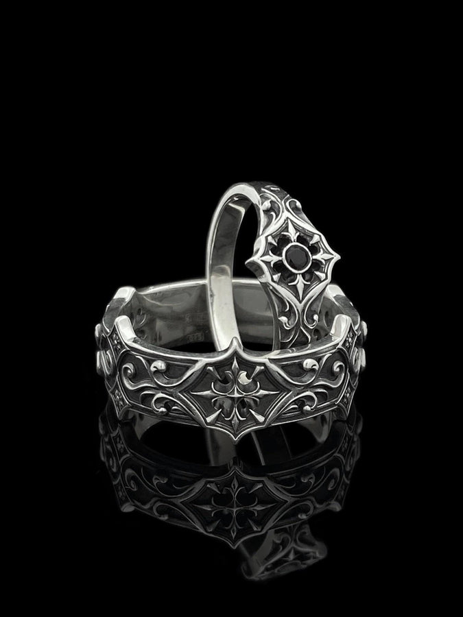 Gothic Sterling Silver Wedding Ring Set: Black Texture, Gemstone Accent __etsy:7424901857