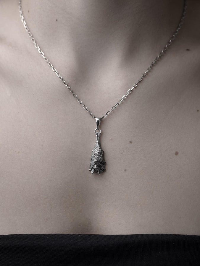 Sterling Silver Bat Pendant, Gothic Sleeping Bat Necklace, Handmade Animal Jewelry for Bat Lovers, Vampire Gift, Dark Fantasy Jewelry (etsy image id: 4122476032)